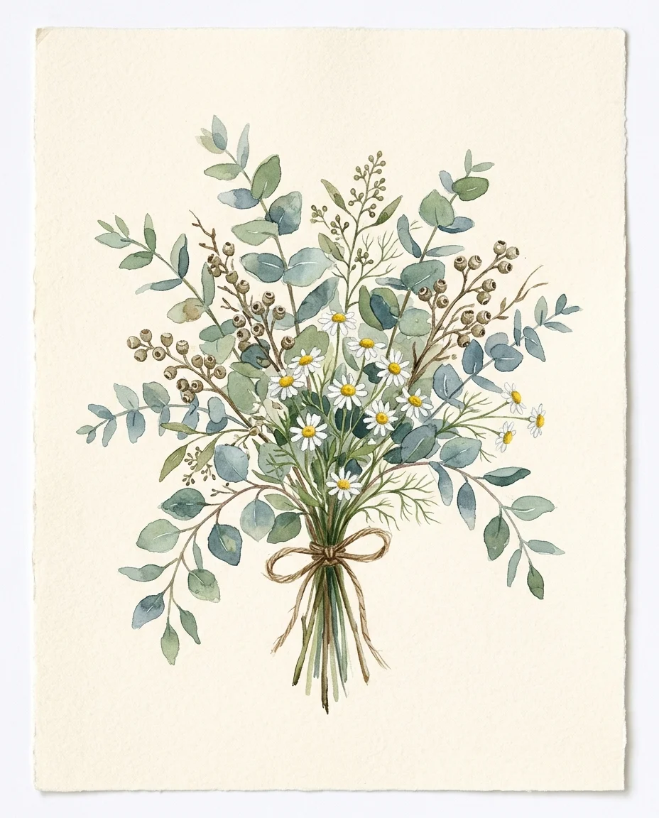 Watercolor study of trailing silver eucalyptus branches with small white chamomile blooms