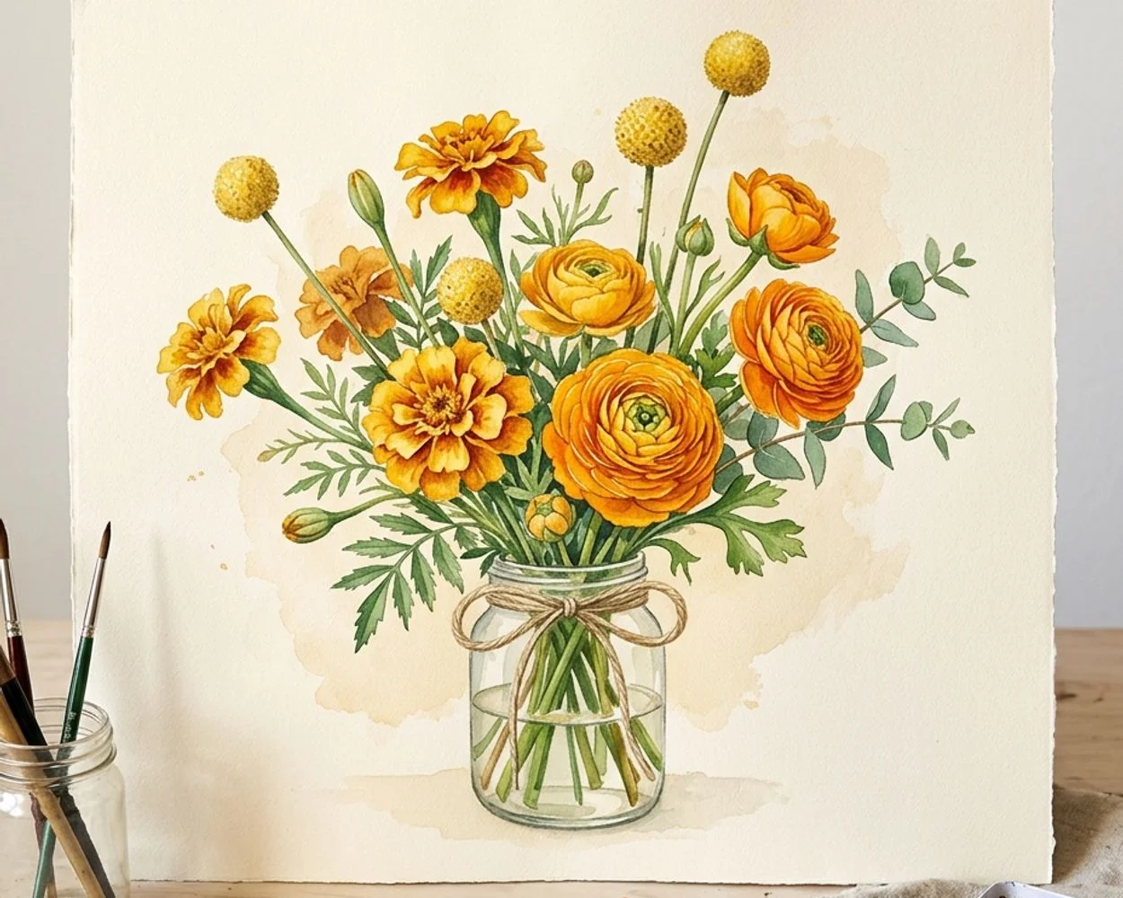 Watercolor study of golden marigolds, orange ranunculus and yellow craspedia