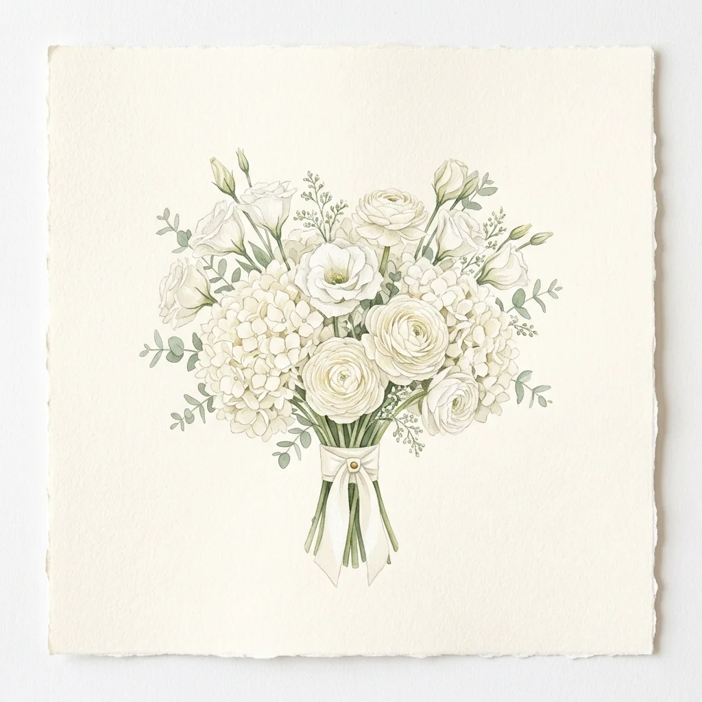 Watercolor study of an all-white bouquet of ivory hydrangeas and cream ranunculus