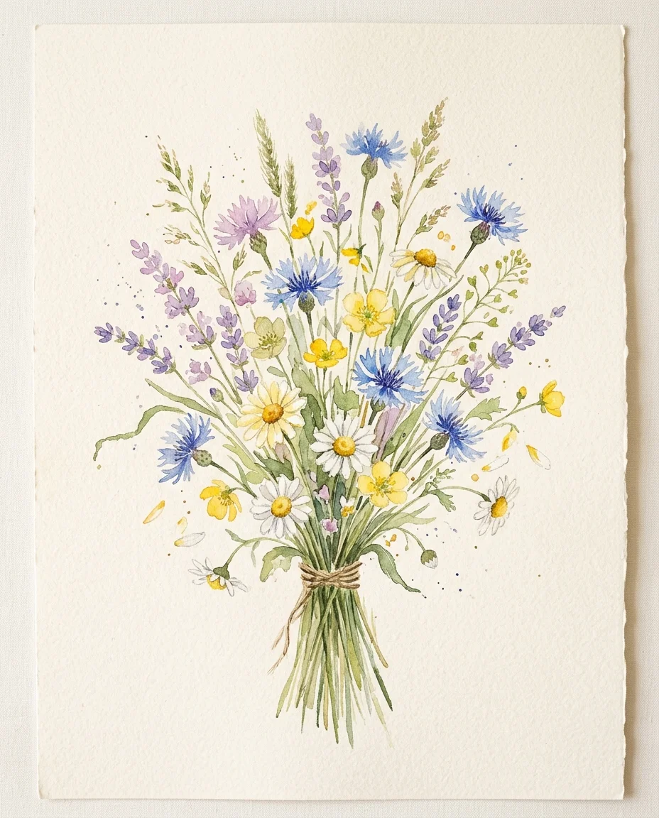 Watercolor study of an airy pastel wildflower bouquet with cornflowers, daisies and lavender