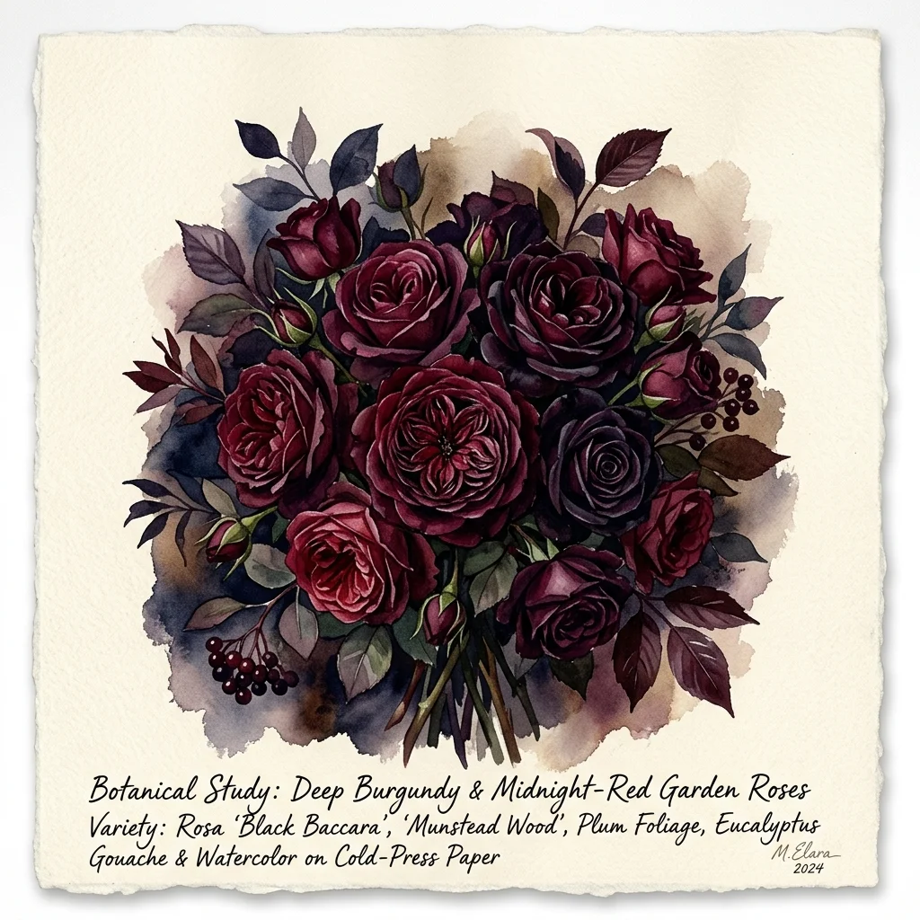 Watercolor study of deep burgundy and midnight-red garden roses with plum foliage