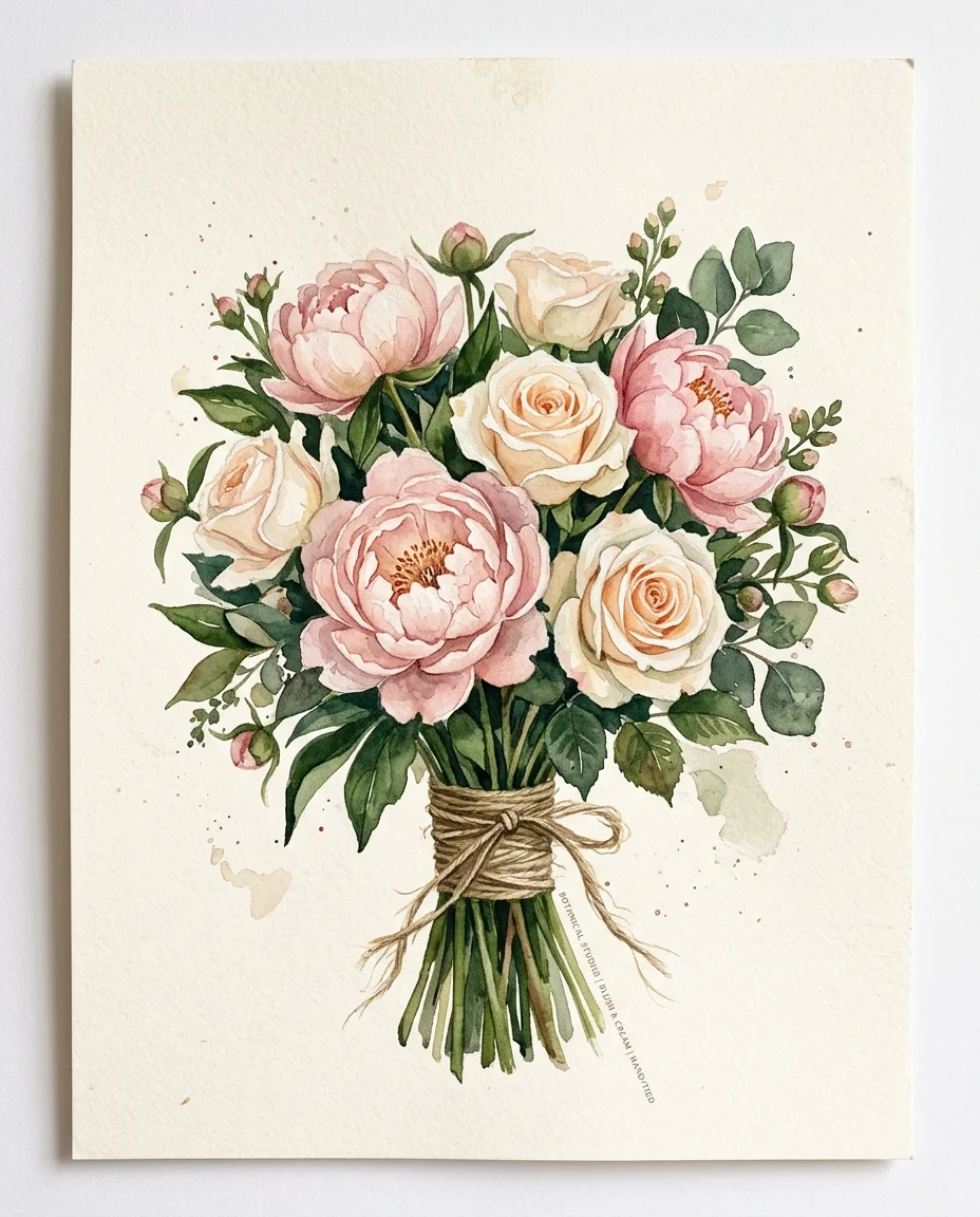 Watercolor study of a hand-tied bouquet of blush peonies and cream roses bound in twine