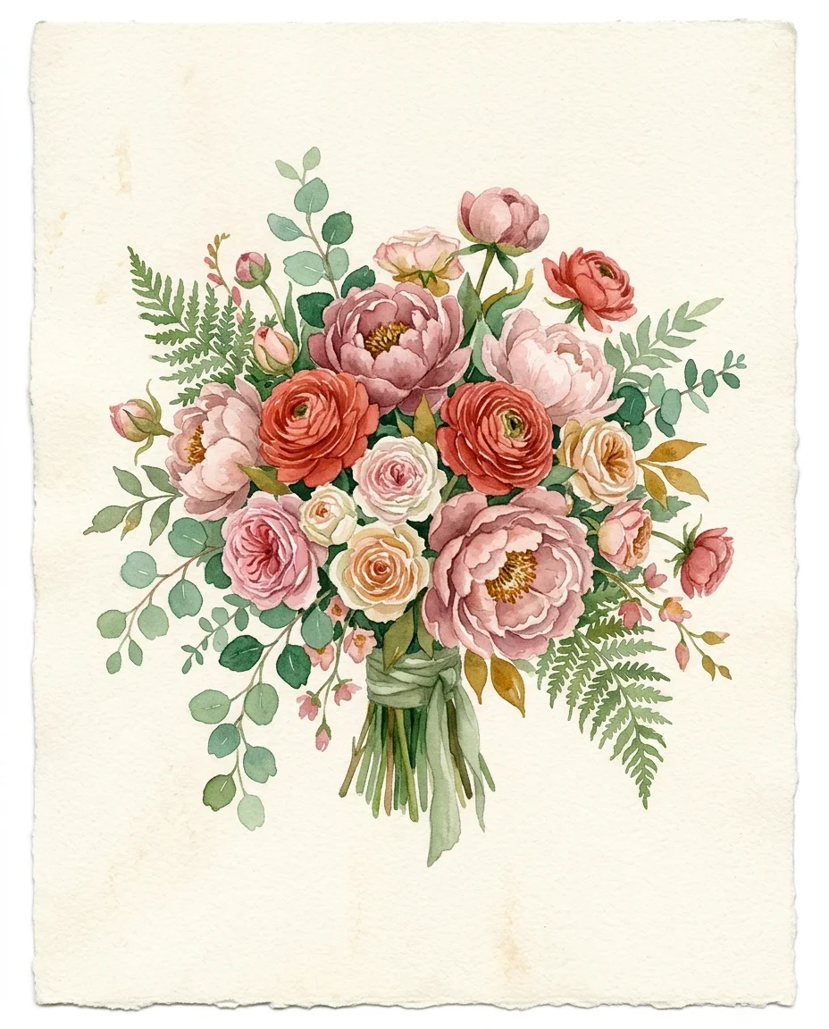 Watercolor painting of a lush bouquet of garden roses, peonies and trailing eucalyptus
